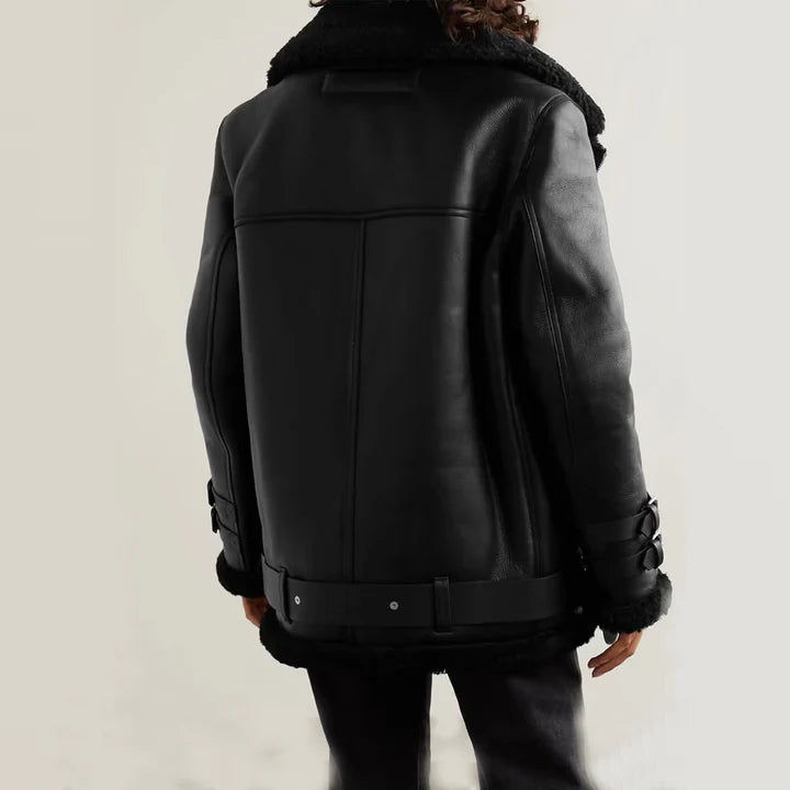 Trimmed RAF B3 Sheepskin Shearling Black Leather Jacket wear jacket