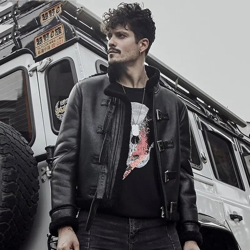 New 2025 Sheepskin Shearling B3 RAF Black Motorcycle Leather Jacket For Men wears leather