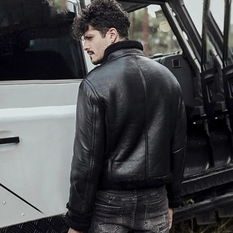 New 2025 Sheepskin Shearling B3 RAF Black Motorcycle Leather Jacket For Men wears leather