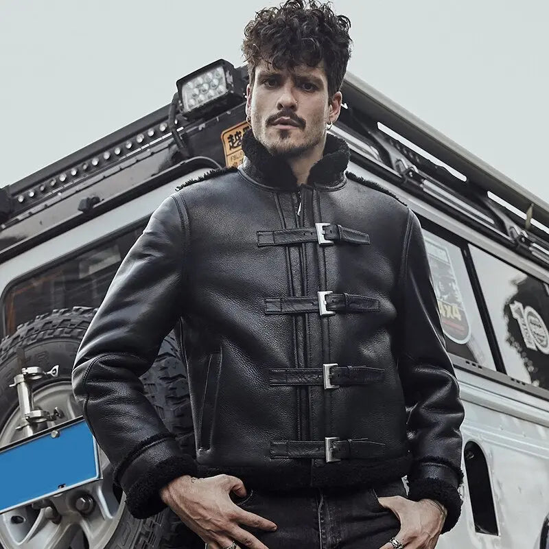 New 2025 Sheepskin Shearling B3 RAF Black Motorcycle Leather Jacket For Men wears leather