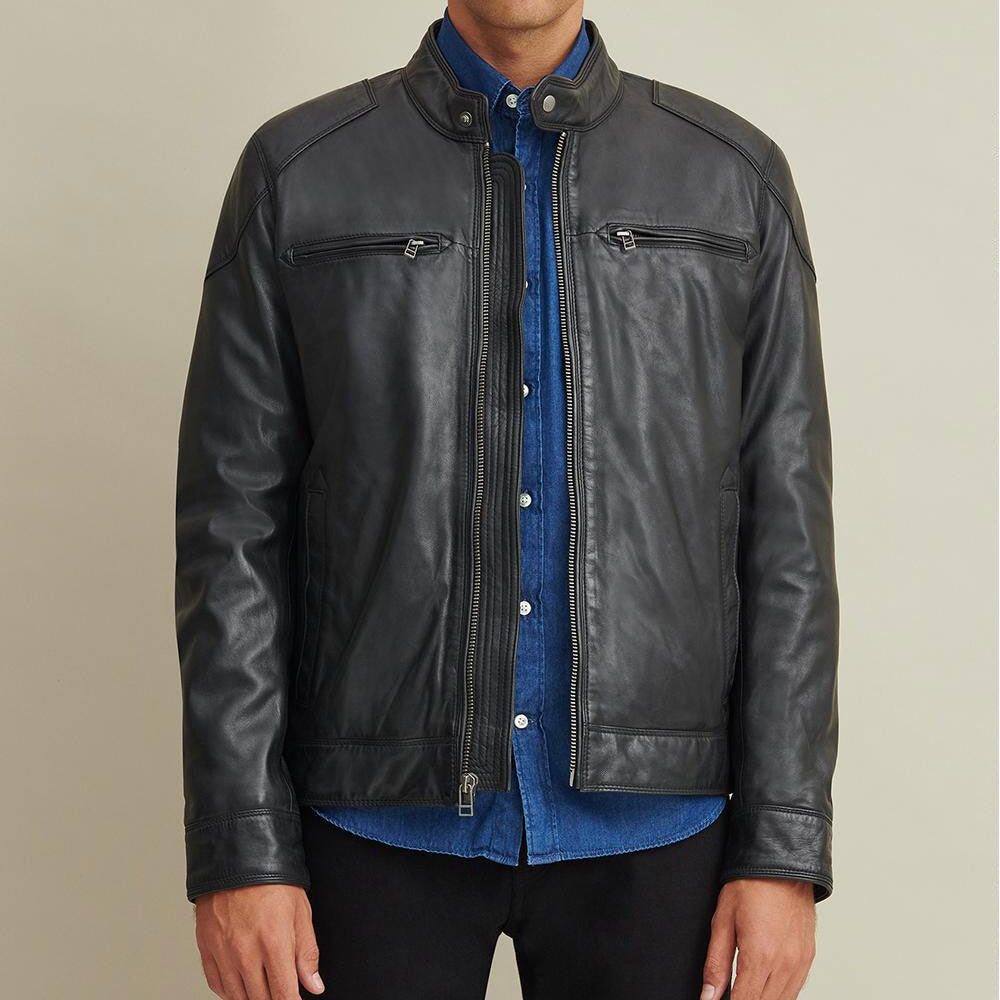Men's Motorcycle Biker Riding Genuine Leather Jacket with Shoulder Patches wear jacket