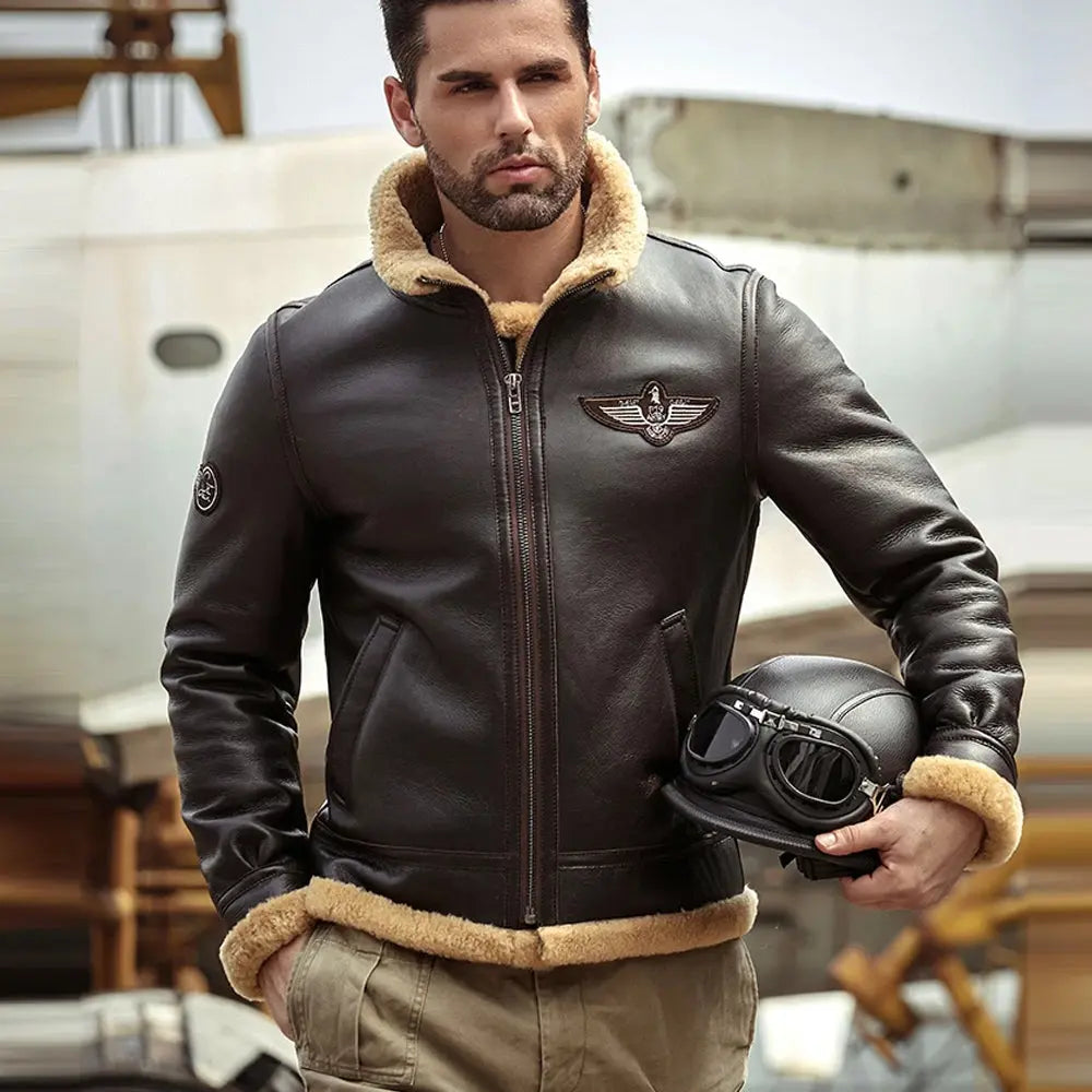 Sheepskin Shearling Brown RAF Aviator Airforce Leather Jacket For Men wears leather