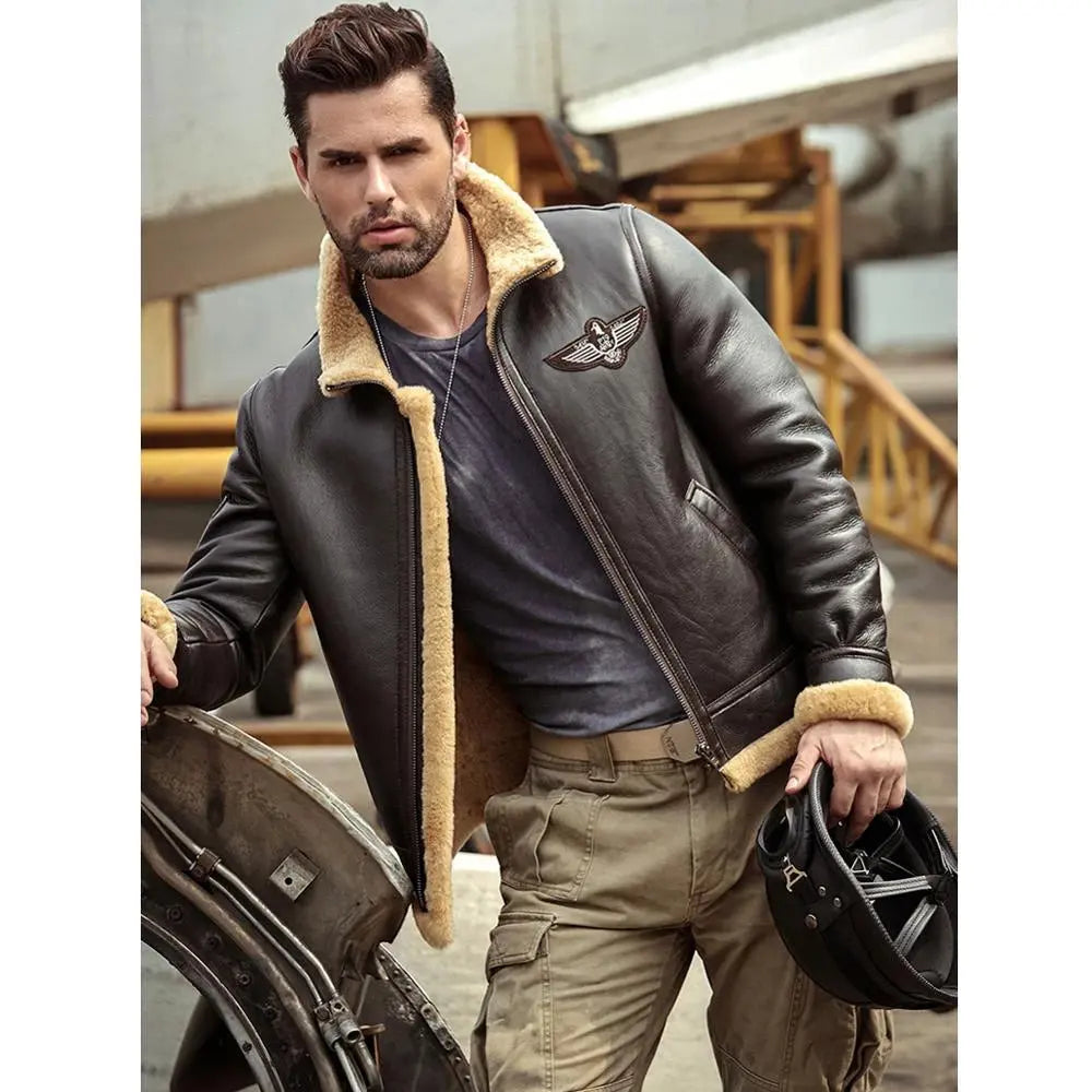 Sheepskin Shearling Brown RAF Aviator Airforce Leather Jacket For Men wears leather