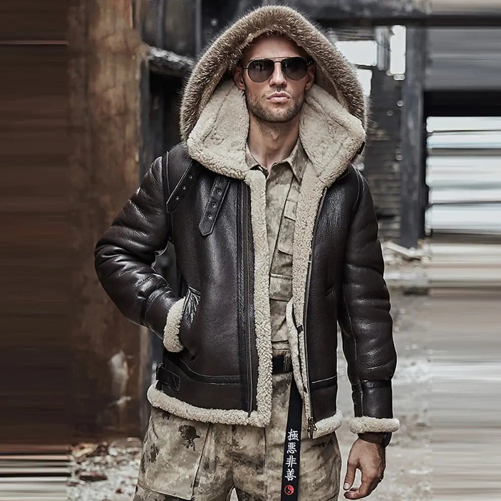 New Brown Men Lambskin Hooded B3 RAF Aviator Shearling Leather Jacket wears leather