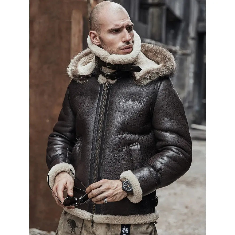 New Brown Men Lambskin Hooded B3 RAF Aviator Shearling Leather Jacket wears leather