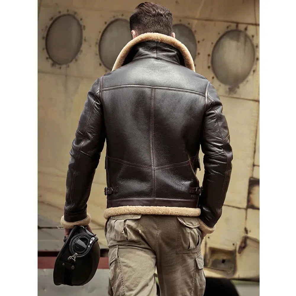 Mens B3 Airforce Flight Lambskin Shearling Brown Fur Leather Jacket Coat wears leather