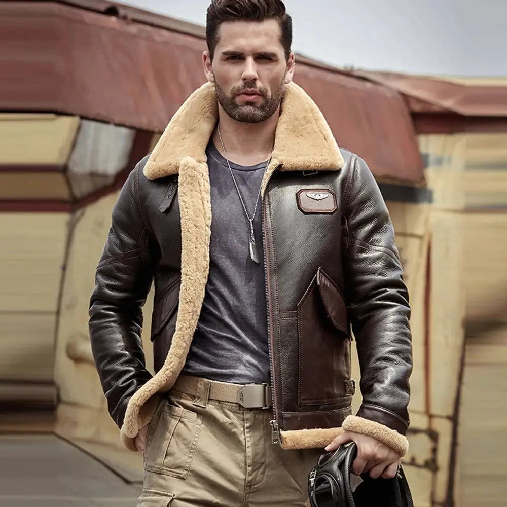Mens B3 Airforce Flight Lambskin Shearling Brown Fur Leather Jacket Coat wears leather