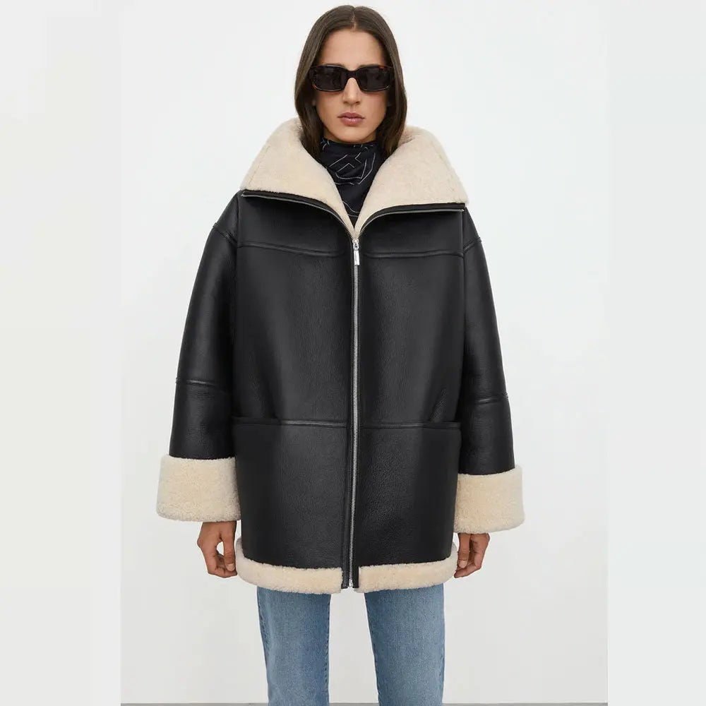 New Black Best Sheepskin Shearling Women B3 RAF Aviator Styled Leather Jacket wear jacket
