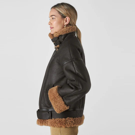 B3 Bomber RAF Aviator Flight Black Shearling Leather Jacket For Women wear jacket