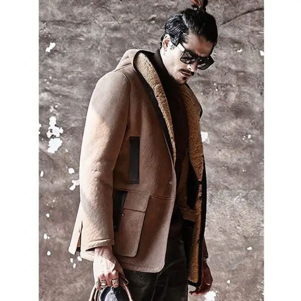 Men's Sheepskin Shearling Winter Fur Hooded Suede Leather Bomber Long Jacket Trench Coat wear jacket