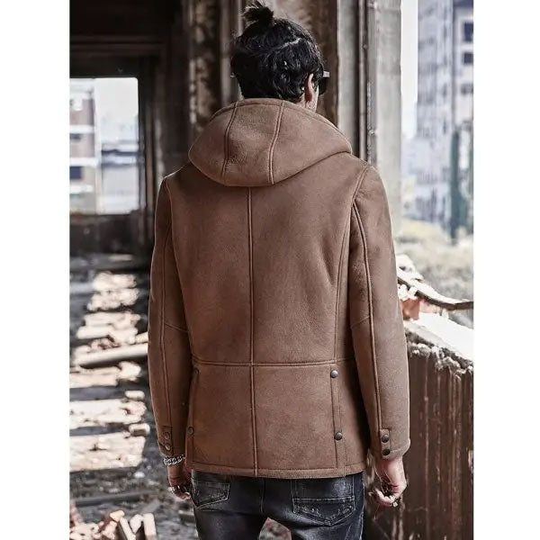 Men's Sheepskin Shearling Winter Fur Hooded Suede Leather Bomber Long Jacket Trench Coat wear jacket