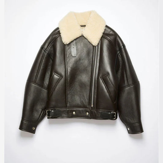 RAF Aviator Sheepskin Dark Brown Shearling  Leather  Jacket  For  Women