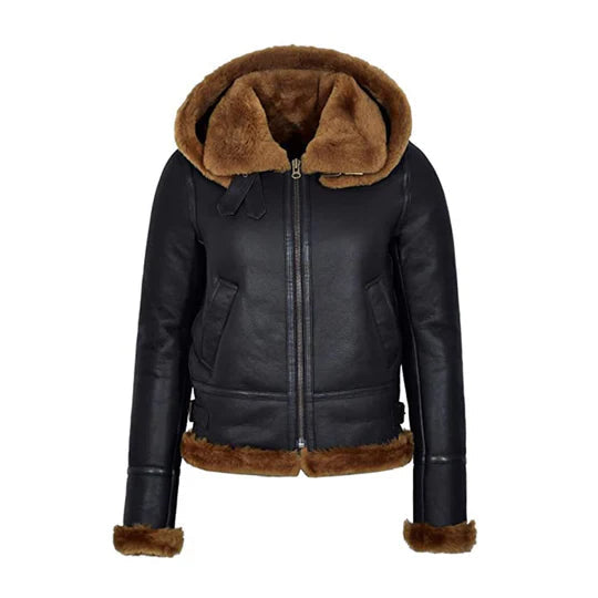 Hooded B3 Bomber Black Flying Shearling Leather Jacket wear jacket