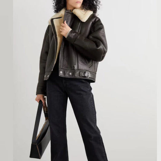 RAF Aviator Cowhide Black B3  Shearling Leather Jacket For  Women wear jacket