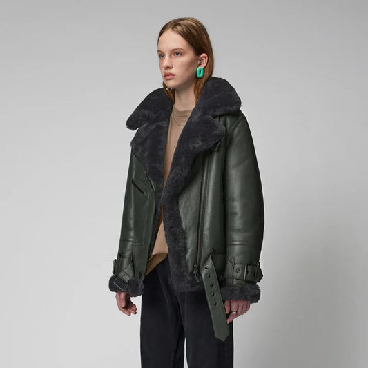 Women Green B3 Bomber Styled Black Sheepskin Shearling leather jacket wear jacket