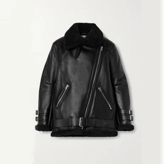 Trimmed RAF B3 Sheepskin Shearling Black Leather Jacket wear jacket