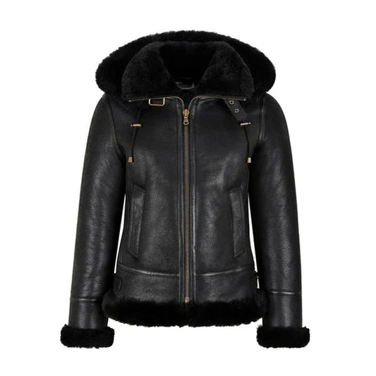 New  Black Classic B3  Bomber  Hooded Shearling  Leather  Jacket wear jacket