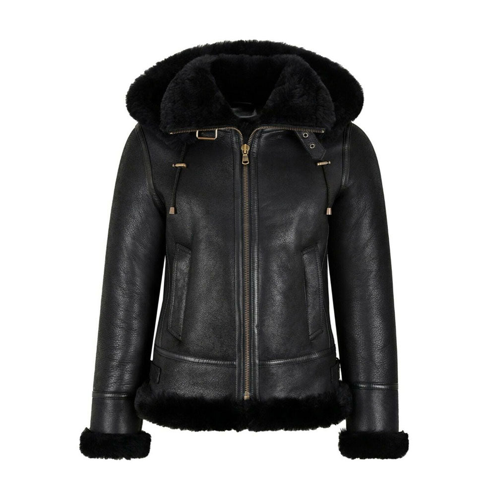 New Black Women Sheepskin B3 Bomber Hooded Classic Shearling Jacket