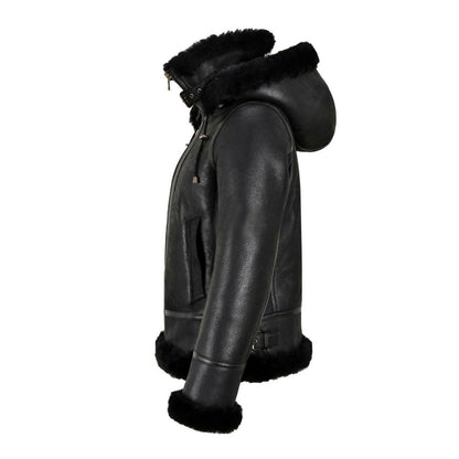 New Black Women Sheepskin B3 Bomber Hooded Classic Shearling Jacket