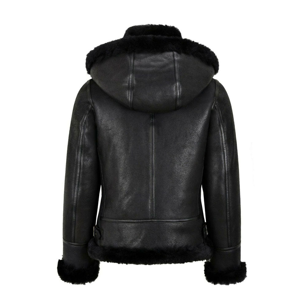 New Black Women Sheepskin B3 Bomber Hooded Classic Shearling Jacket