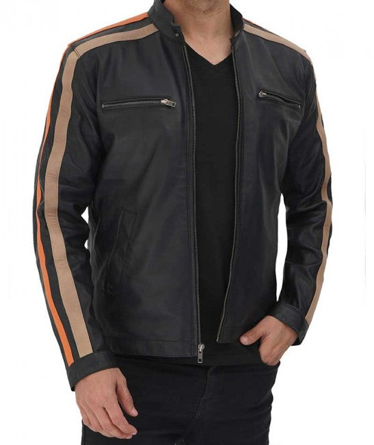 Men Black Striped Motorbike Leather Cafe Racer Style Riding Biker Jacket