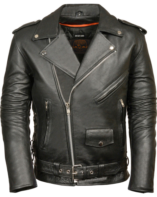 New Black Men's Premium Milled Cowhide Classic Side Police Style Motorcycle Leather Jacket