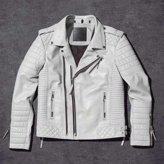 New Men Motorcycle White Pearl Biker Genuine Leather Jacket