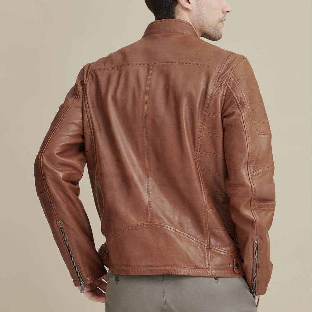 New Men 100% Polyester Brown Motorcycle Leather Biker Jacket