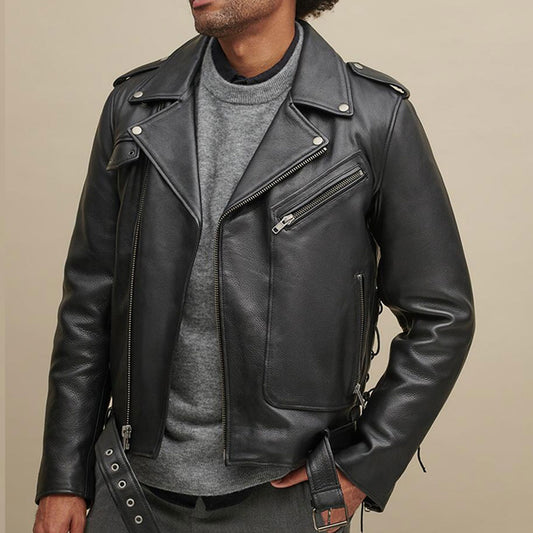 New Men's Black Motorcycle Genuine Biker Leather Jacket