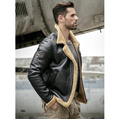 Men's Sheepskin Black RAF Aviator Airforce Shearling Bomber Leather Jacket