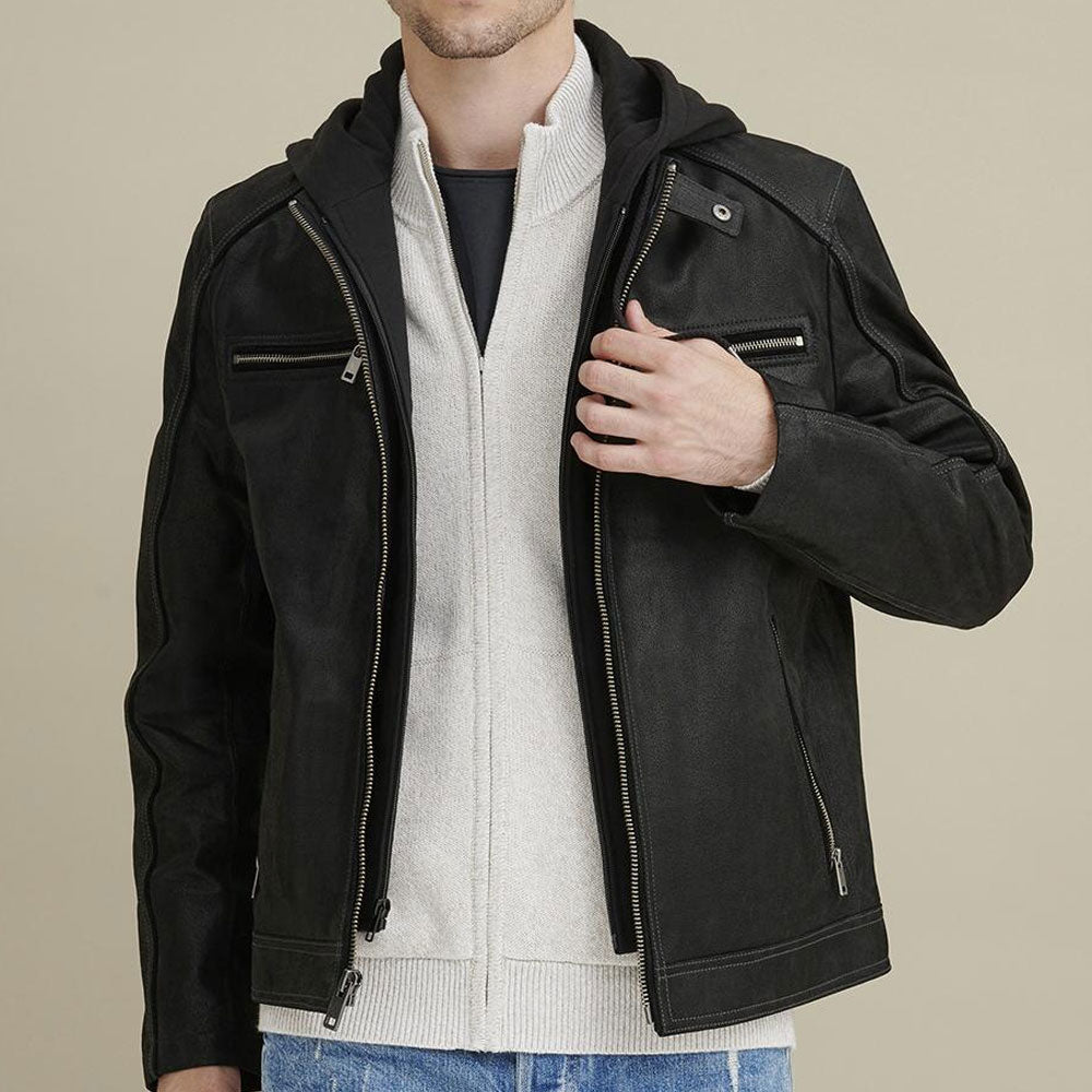 Men Black Vintage Hooded Rider Biker Leather Jacket