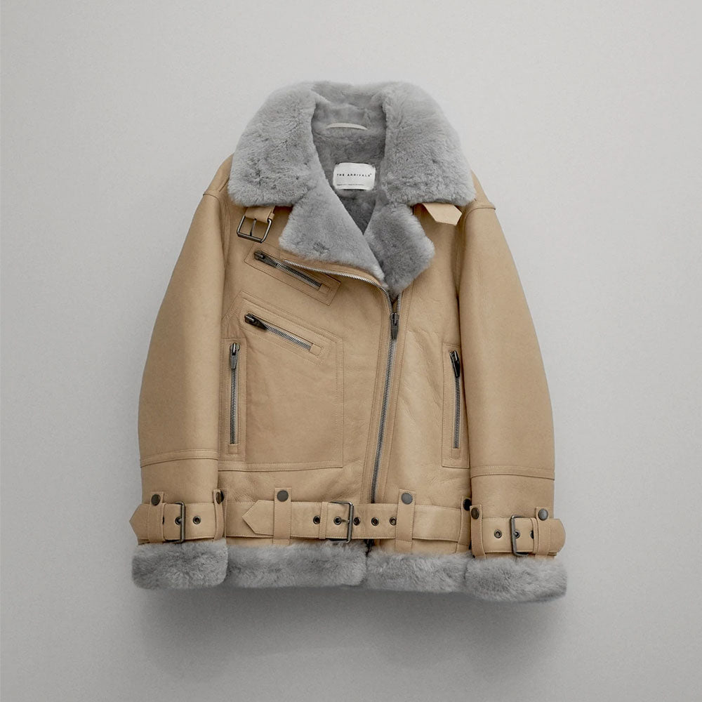 New Best Women Sheepskin Shearling Aviator Style Leather Jacket With Gary Fur