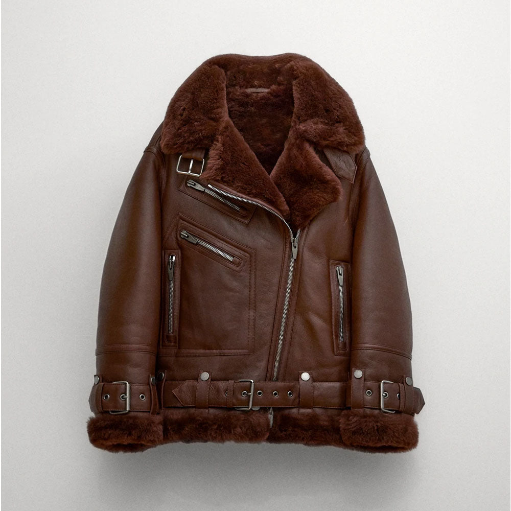 New Best Sheepskin Shearling Brown Aviator Styled  Leather Jacket For Women