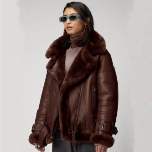 New Best Sheepskin Shearling Brown Aviator Styled  Leather Jacket For Women