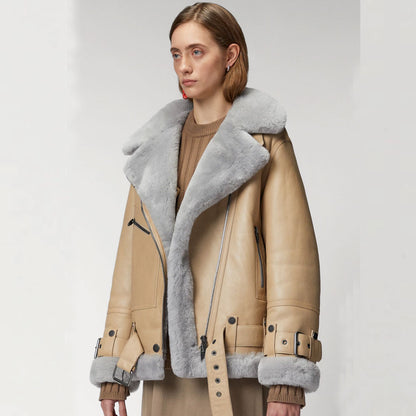 New Best Women Sheepskin Shearling Aviator Style Leather Jacket With Gary Fur