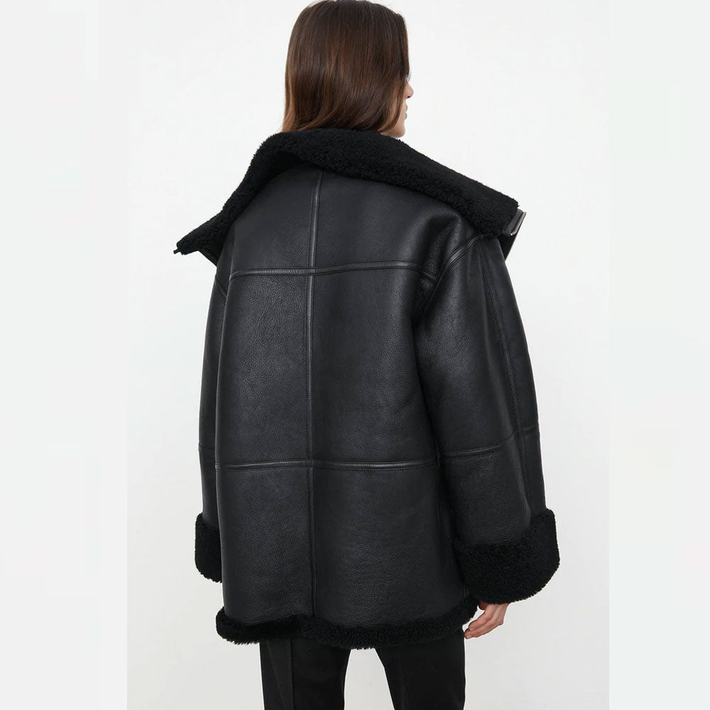 Women Black Lambskin Shearling B3 RAF Aviator Styled Leather Jacket