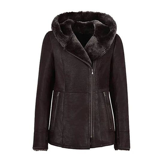 New Women Hooded Fur Shearling Leather Long Jacket wear jacket