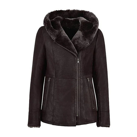 New Women Hooded Fur Shearling Leather Long Jacket wear jacket
