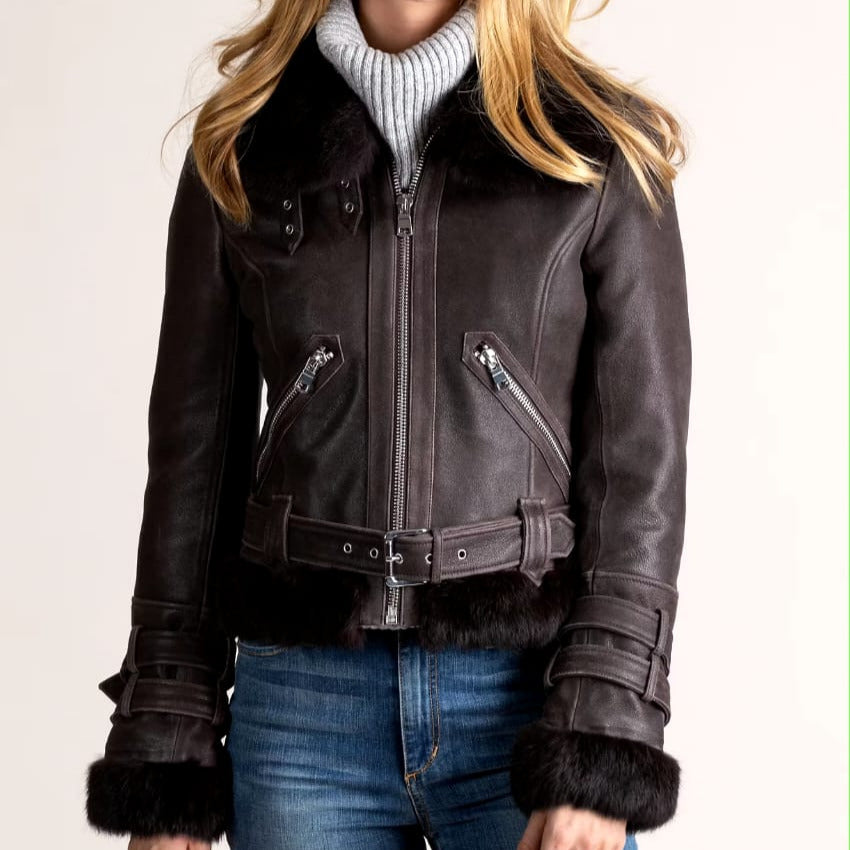 New Sheepskin Shearling Leather Bomber Jacket For Women