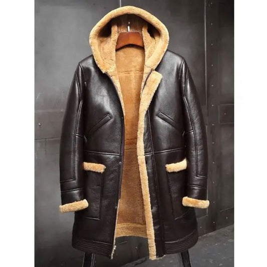 Men Hooded Sheepskin Shearling Coat Leather Jacket Fur Coat Winter Coats Long Fur Jacket