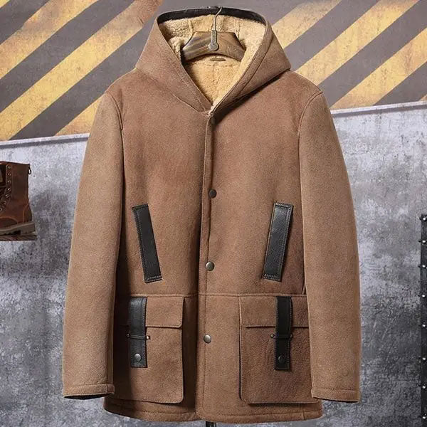 Men's Sheepskin Shearling Winter Fur Hooded Suede Leather Bomber Long Jacket Trench Coat