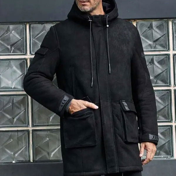 Men Black Hooded Sheepskin Leather Outwear Winter Fur Jacket & Coat