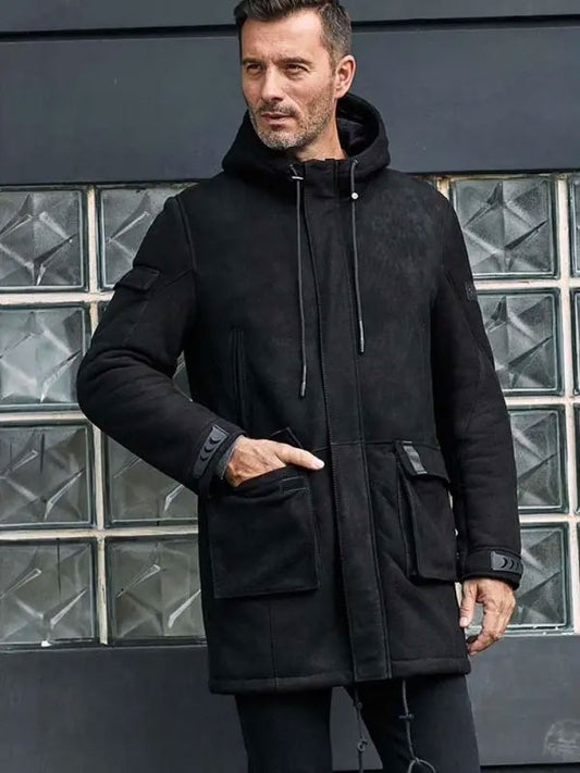 Men Black Hooded Sheepskin Leather Outwear Winter Fur Jacket & Coat