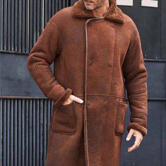 Men's Brown Shearling Leather Jacket Long Trench Overcoat Winter Fur Outwear Coats For Men