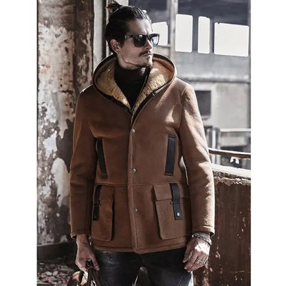 Men's Sheepskin Shearling Winter Fur Hooded Suede Leather Bomber Long Jacket Trench Coat