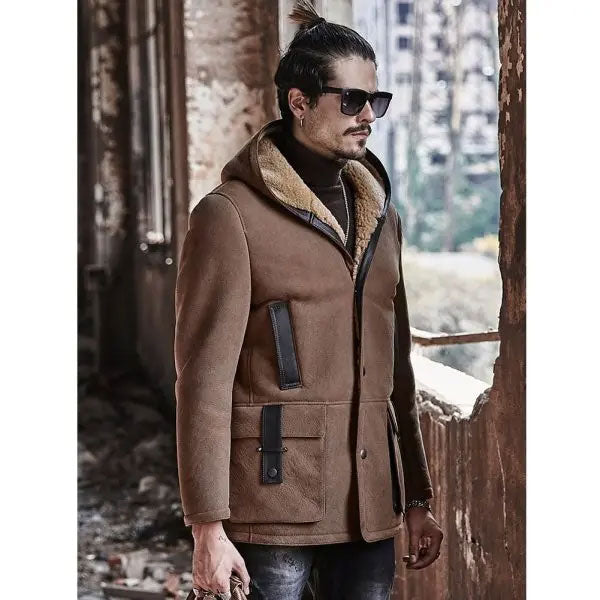 Men's Sheepskin Shearling Winter Fur Hooded Suede Leather Bomber Long Jacket Trench Coat