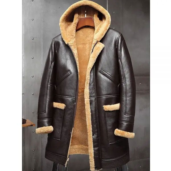 Men Hooded Sheepskin Shearling Coat Leather Jacket Fur Coat Winter Coats Long Fur Jacket