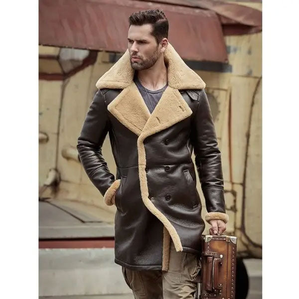 Sheepskin Shearling B3 Bomber Flight Aviator Fur Long Leather Jacket Mens Winter Coats