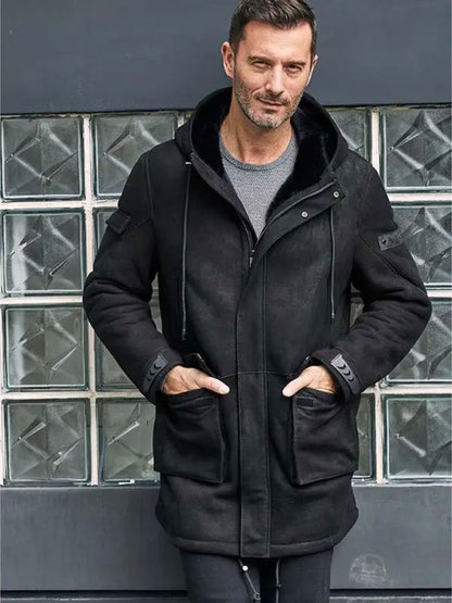 Men Black Hooded Sheepskin Leather Outwear Winter Fur Jacket & Coat