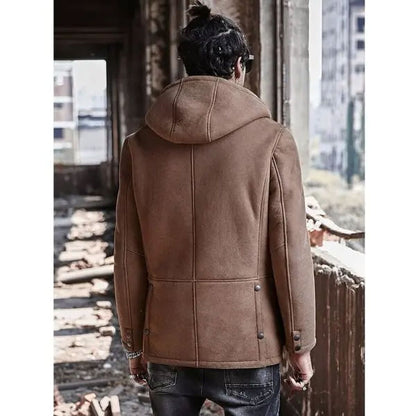 Men's Sheepskin Shearling Winter Fur Hooded Suede Leather Bomber Long Jacket Trench Coat